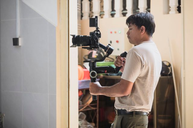 a videographer holding a camera with stabilizer