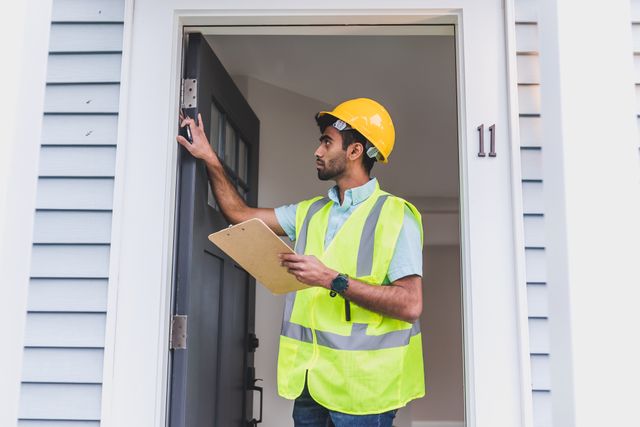 person holding a clipboard and inspecting a doorframe