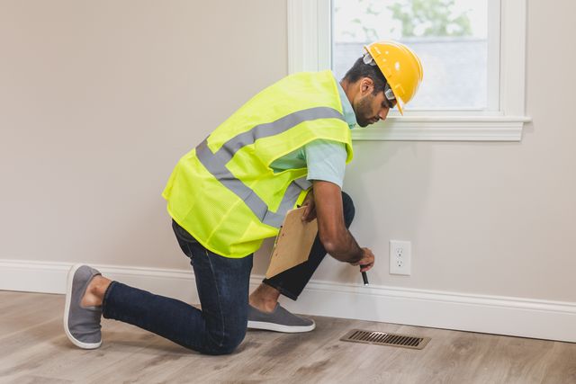 person in a hard hat inspecting an air vent with a flashlight