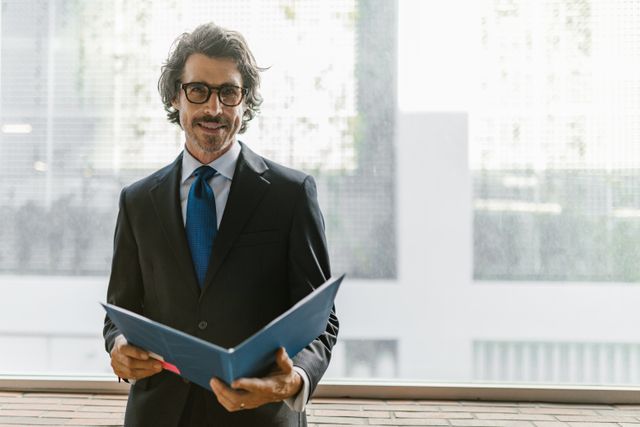 person in a suit holding a folder