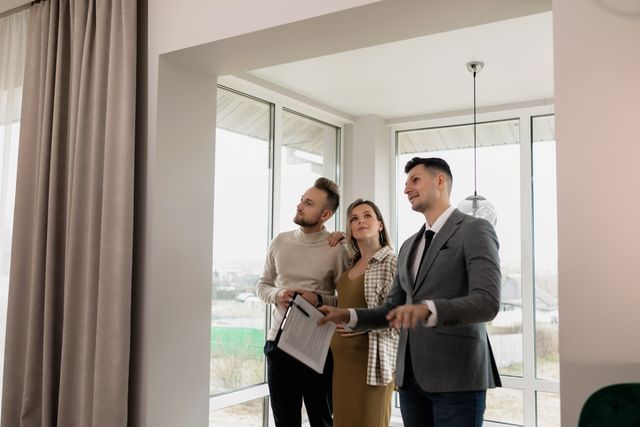 person in a suit showing two people a property interior